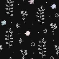 Hand drawn doodle summer seamless black wallpaper with white line little flowers. Cute pastel vector pattern for paper, fabric, book, bedroom, baby.