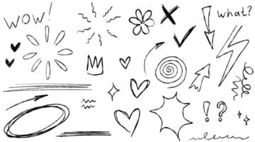 Doodle frame arrows flowers stars hearts question text crown. Sketch set cute isolated line collection for office. vector