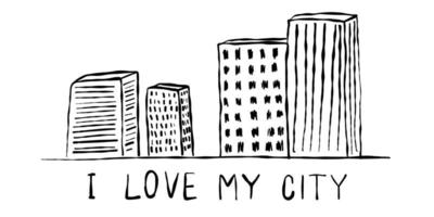 Silhouette line outline I love my city isolated text. Doodle black and white outlines background. Offices apartments. vector