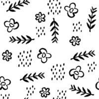Cute black and white pattern with line flowers doodle branches. Seamless background textile for children. Minimalism paper scrapbook for kids. vector
