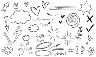 Doodle arrows flowers stars clouds hearts branch question text crown. Sketch set cute isolated line collection for office. vector