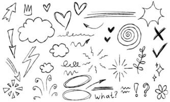 Doodle arrows flowers stars clouds hearts branch question text crown. Sketch set cute isolated line collection for office. vector