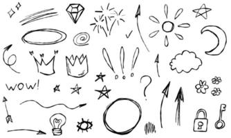 doodle marcos línea flechas flores estrellas diamante pregunta texto corona. conjunto de bocetos linda colección de líneas aisladas para la oficina. vector