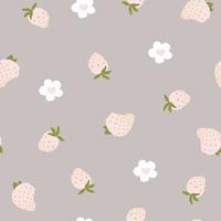 Hand drawn cute doodle strawberries pastel grey seamless  pattern. White berry paper line flowers food textiles for kitchen, children. Minimalism paper scrapbook for kids. vector