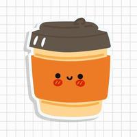 Funny cute happy coffee paper cup characters. Vector kawaii line cartoon style illustration. Cute coffee paper cup sticker in a notebook