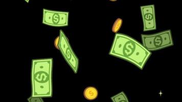 monedas de dinero de dibujos animados cayendo en pantalla negra video