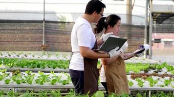 pareja de granjeros asiáticos revisando existencias y pedidos de verduras orgánicas y grabando en laptop y papel en una granja hidropónica. paseando por una finca. concepto de comida saludable. vegetales orgánicos