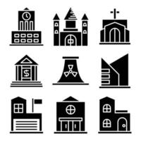 iconos de castillo, iglesia, banco y universidad vector