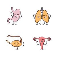 conjunto de iconos de color de personajes de órganos internos humanos sonrientes. estómago feliz, pulmones, ovario, trompa de Falopio, útero. sistemas digestivos, respiratorios y reproductores femeninos sanos. ilustración vectorial aislada vector