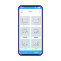 Photo gallery smartphone interface vector template. Mobile camera album app page blue design layout. Wallpapers, screenshots, selfie library sceen. Flat UI. Phone display