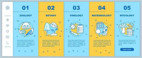 Biology branches onboarding mobile web pages vector template. Zoology, botany, virology, microbiology, mycology. Responsive smartphone website interface. Webpage walkthrough step screen. Color concept