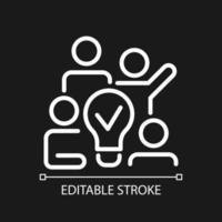 Team brainstorming pixel perfect white linear icon for dark theme. Innovative strategy for group cooperation. Thin line illustration. Isolated symbol for night mode. Editable stroke. Arial font used vector