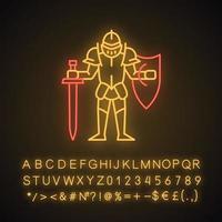 Medieval knight with shield and sword neon light icon. Warrior with full suit of armor. Ancient plate armour. Lord. Glowing sign with alphabet, numbers and symbols. Vector isolated illustration