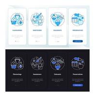 Food additives night and day mode onboarding mobile app screen. Walkthrough 4 steps graphic instructions pages with linear concepts. UI, UX, GUI template. Myriad Pro-Bold, Regular fonts used vector