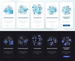 Smart grid work night and day mode onboarding mobile app screen. Network walkthrough 5 steps graphic instructions pages with linear concepts. UI, UX, GUI template. Myriad Pro-Bold, Regular fonts used vector