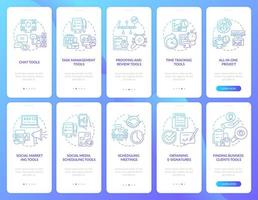 Business management tools blue gradient onboarding mobile app screen set. Walkthrough 5 steps graphic instructions pages with linear concepts. UI, UX, GUI template. Myriad Pro-Bold, Regular fonts used vector