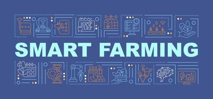 Smart farming innovations word concepts blue banner. IoT technology. Infographics with linear icons on background. Isolated typography. Vector color illustration with text. Arial-Black font used