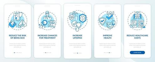 Check ups benefits blue onboarding mobile app page screen. Improving health walkthrough 5 steps graphic instructions with concepts. UI, UX, GUI vector template with linear color illustrations