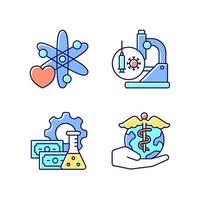 Medicine development RGB color icons set. Interest in science. Test vaccines. Investment in drug discovery. Future perspectives. Isolated vector illustrations. Simple filled line drawings collection