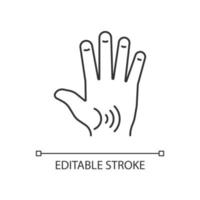Thumb arthritis linear icon. Degenerative changes. Osteoarthritis in thumb. Enlarged joint. Thin line customizable illustration. Contour symbol. Vector isolated outline drawing. Editable stroke