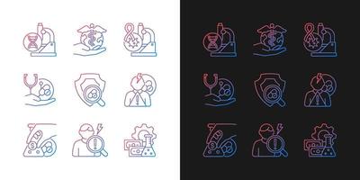 Medical research gradient icons set for dark and light mode. Check safety new medication. Thin line contour symbols bundle. Isolated vector outline illustrations collection on black and white