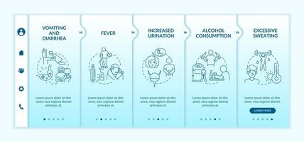 Dehydration causes blue gradient onboarding vector template. Responsive mobile website with icons. Web page walkthrough 5 step screens. Loss of water factors color concept with linear illustrations