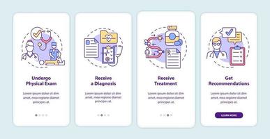 pantalla de la página de la aplicación móvil de incorporación del proceso pt. cuidado de la salud. Recorrido de fisioterapia 4 pasos instrucciones gráficas con conceptos. ui, ux, plantilla vectorial gui con ilustraciones en color lineal vector