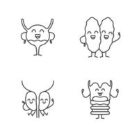 Smiling human internal organs characters linear icons set. Thin line contour symbols. Happy larynx, thymus gland, prostate, urinary bladder. Isolated vector outline illustrations. Editable stroke