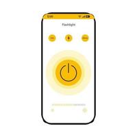 Flashlight app smartphone interface vector template. Mobile utility page white design layout. Power, SOS, morse buttons on phone screen. Turn on, off flat UI. LED torch light application display