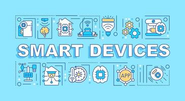 Smart devices word concepts turquoise banner. Appliances and gadgets. Infographics with icons on color background. Isolated typography. Vector illustration with text. Arial-Black font used