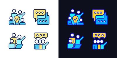 Group tasks pixel perfect light and dark theme color icons set. Sharing opinions. Simple filled line drawings. Bright cliparts on white and black. Editable stroke. Quicksand-Light font used vector