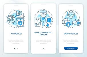 Smart technologies types blue onboarding mobile app screen. Innovation walkthrough 3 steps graphic instructions pages with linear concepts. UI, UX, GUI template. Myriad Pro-Bold, Regular fonts used vector