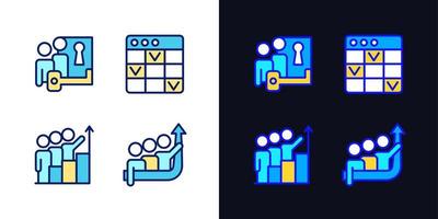 Team project pixel perfect light and dark theme color icons set. Problem solving. Simple filled line drawings. Bright cliparts on white and black. Editable stroke. Quicksand-Light font used vector