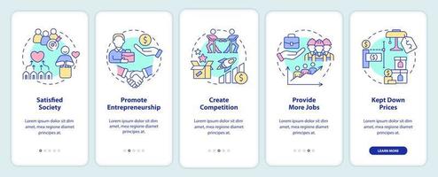 Market economy advantages onboarding mobile app screen. Walkthrough 5 steps graphic instructions pages with linear concepts. UI, UX, GUI template. Myriad Pro-Bold, Regular fonts used vector