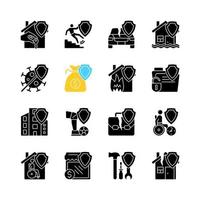 Insurance cases black glyph icons set on white space. Financial protection guaranty of different accidents. Customers safety and support. Silhouette symbols. Vector isolated illustration