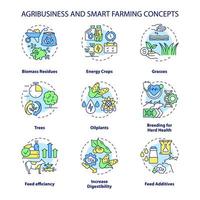 conjunto de iconos de concepto de agronegocios y agricultura inteligente. Eficiencia alimenticia e ilustraciones en color de línea delgada de idea aditiva. dibujos de contorno aislados. trazo editable. roboto-medium, innumerables fuentes pro-bold utilizadas vector