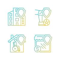Insurance policy types gradient linear vector icons set. Financial compensation at accidents. Customers safety. Thin line contour symbols bundle. Isolated outline illustrations collection