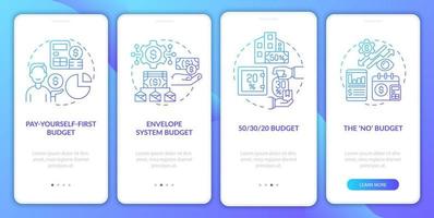 Budget approaches blue gradient onboarding mobile app screen. Walkthrough 4 steps graphic instructions pages with linear concepts. UI, UX, GUI template. Myriad Pro-Bold, Regular fonts used vector