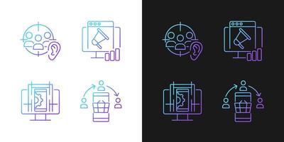 Gaining digital proficiency gradient icons set for dark and light mode. Active listening. Thin line contour symbols bundle. Isolated vector outline illustrations collection on black and white