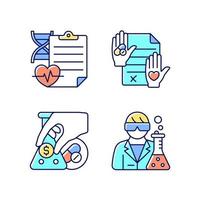 Experimental research RGB color icons set. Measure clinical outcomes. Informed consent. Crowdfunding campaign. Medical researcher. Isolated vector illustrations. Simple filled line drawings collection