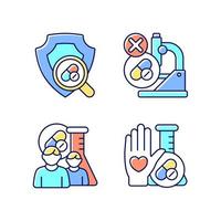 Clinical research facility RGB color icons set. Failed project. MAMS approach. Human volunteer. Checking safety of new drugs. Isolated vector illustrations. Simple filled line drawings collection