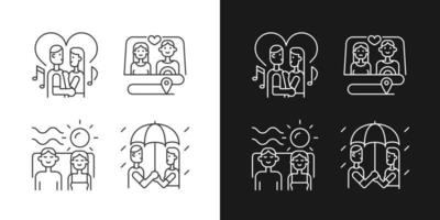 Couple quality time linear icons set for dark and light mode. Spending time as family. Weekend with partner tips. Customizable thin line symbols. Isolated vector outline illustrations. Editable stroke