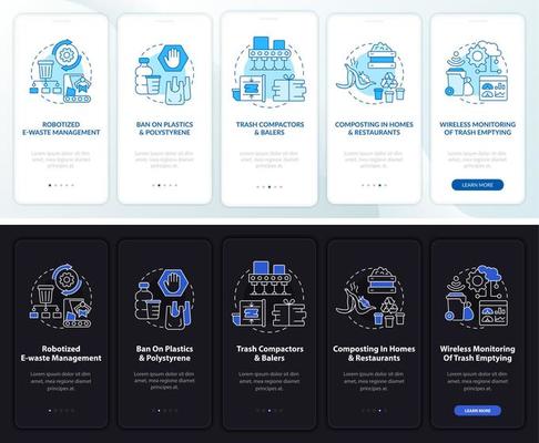 Recycling trends onboarding mobile app page screen. Waste industry walkthrough 5 steps graphic instructions with concepts. UI, UX, GUI vector template with linear night and day mode illustrations