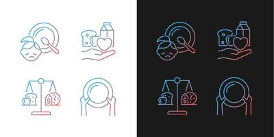 Helping people in need gradient icons set for dark and light mode. Food donation and charity. Thin line contour symbols bundle. Isolated vector outline illustrations collection on black and white