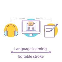 Online language learning concept icon. Spell check. Foreign language courses. E-learning. Online lessons idea thin line illustration. Vector isolated outline drawing. Editable stroke