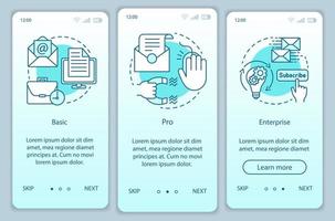 plantilla de vector de pantalla de página de aplicación móvil de incorporación de suscripción de marketing por correo electrónico. tarifas básicas o pro. paso a paso del sitio web con ilustraciones lineales. ux, ui, concepto de interfaz de teléfono inteligente gui