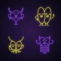 Smiling human internal organs characters neon light icons set. Glowing signs. Larynx, thymus gland, prostate, urinary bladder. Vector isolated illustrations