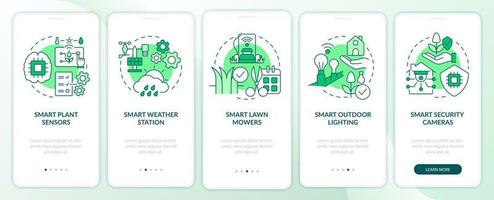 Smart gadgets for farmers green onboarding mobile app screen. Lawn mowers walkthrough 5 steps graphic instructions pages with linear concepts. UI, UX, GUI template. Myriad Pro-Bold, Regular fonts used vector