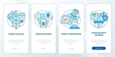 Pantalla de aplicación móvil de integración azul de dispositivos domésticos inteligentes. tutorial de termostatos páginas de instrucciones gráficas de 4 pasos con conceptos lineales. interfaz de usuario, ux, plantilla de interfaz gráfica de usuario. innumerables fuentes pro-negrita y regulares utilizadas vector