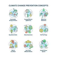 Climate change prevention concept icons set. Avoid global warming idea thin line color illustrations. Isolated outline drawings. Editable stroke. Roboto-Medium, Myriad Pro-Bold fonts used vector